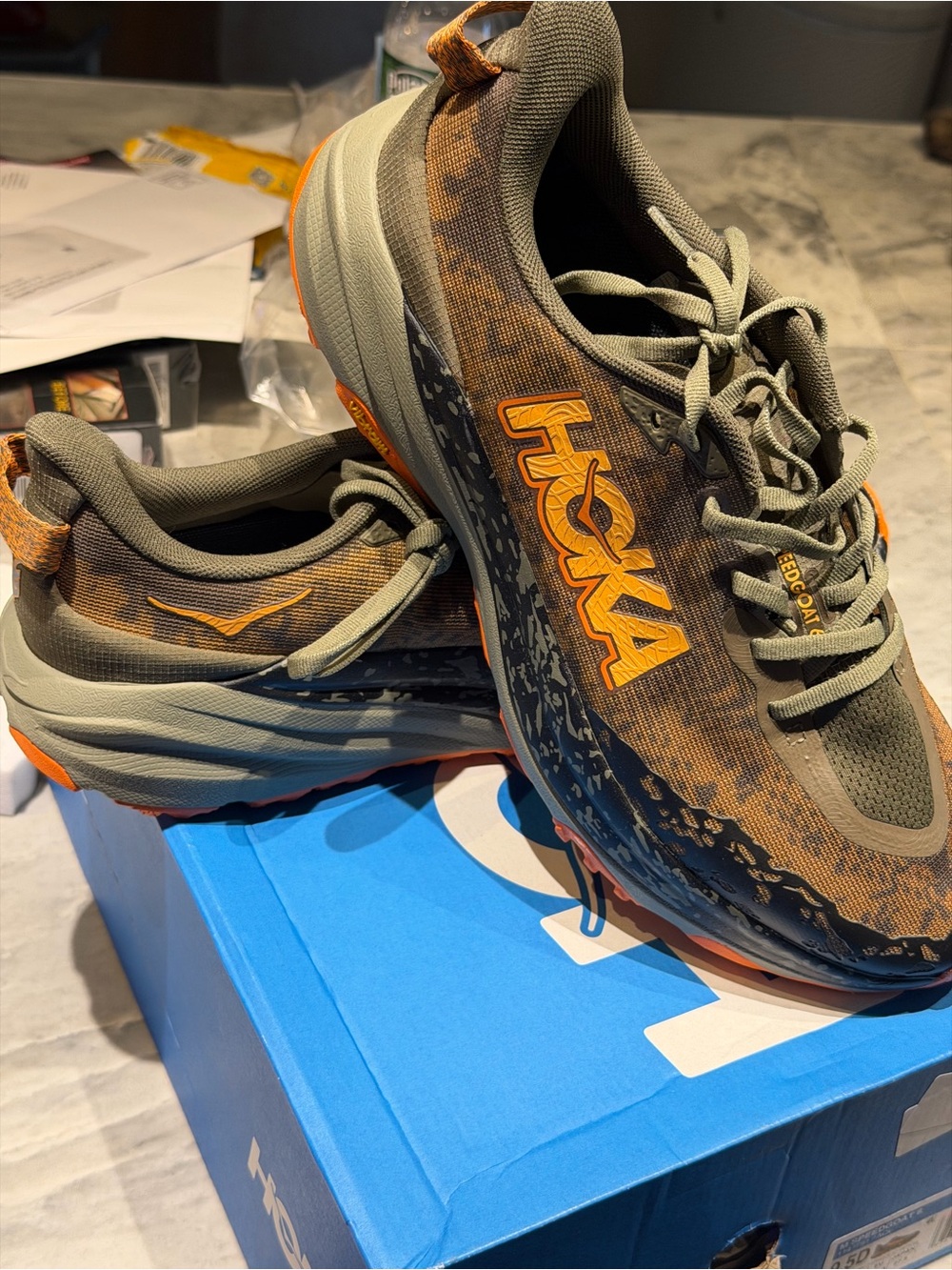 Hoka Men's Trail Runners in Olive Green and Orange 9.5 d